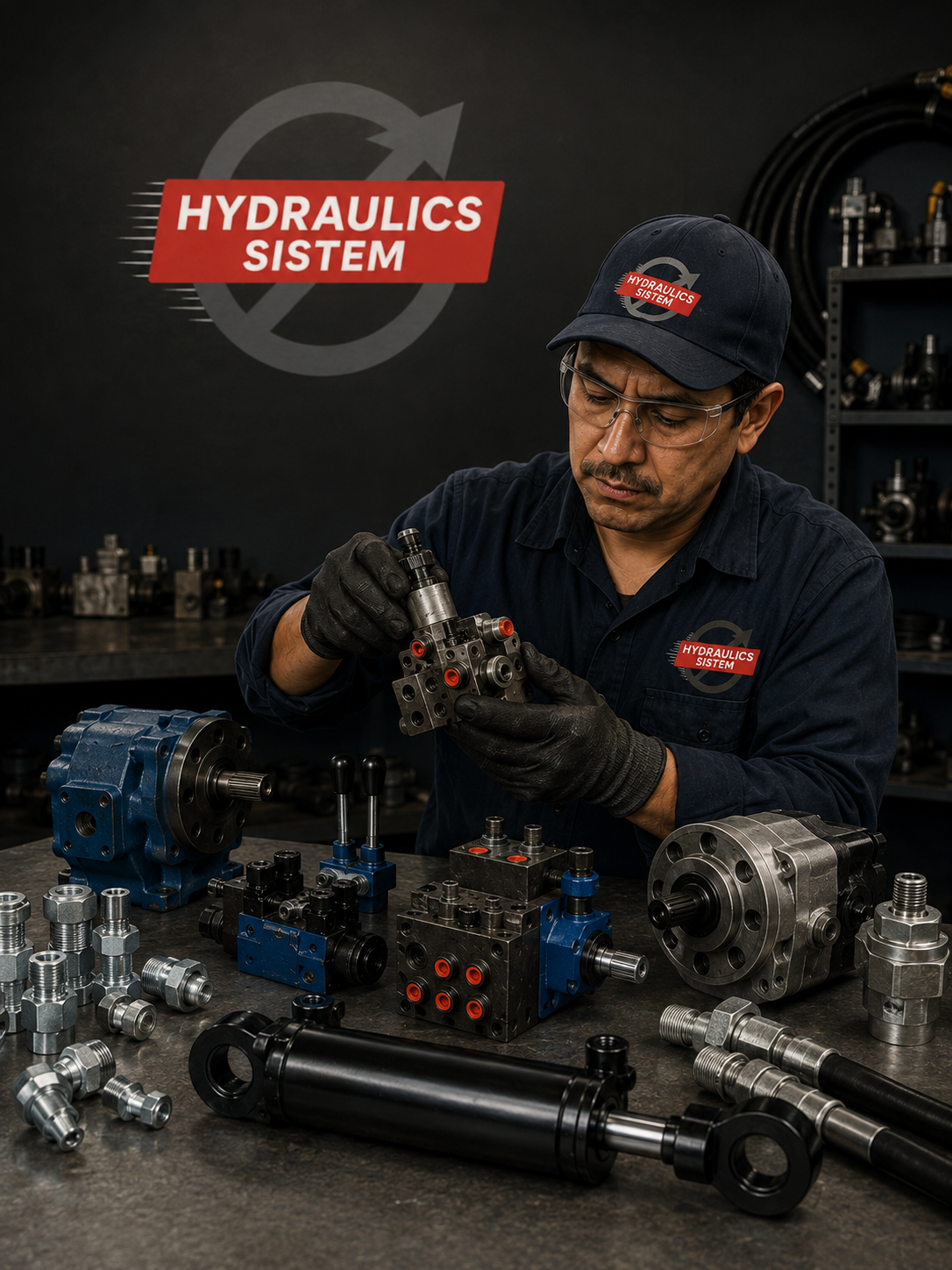Técnico de Hydraulic Sistem trabajando en equipos hidráulicos en taller